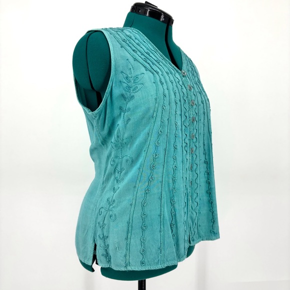 Papa Teal Embroidered Stripe V-Neck Button Front Tie Back Sleeveless Top, Medium - Picture 11 of 16